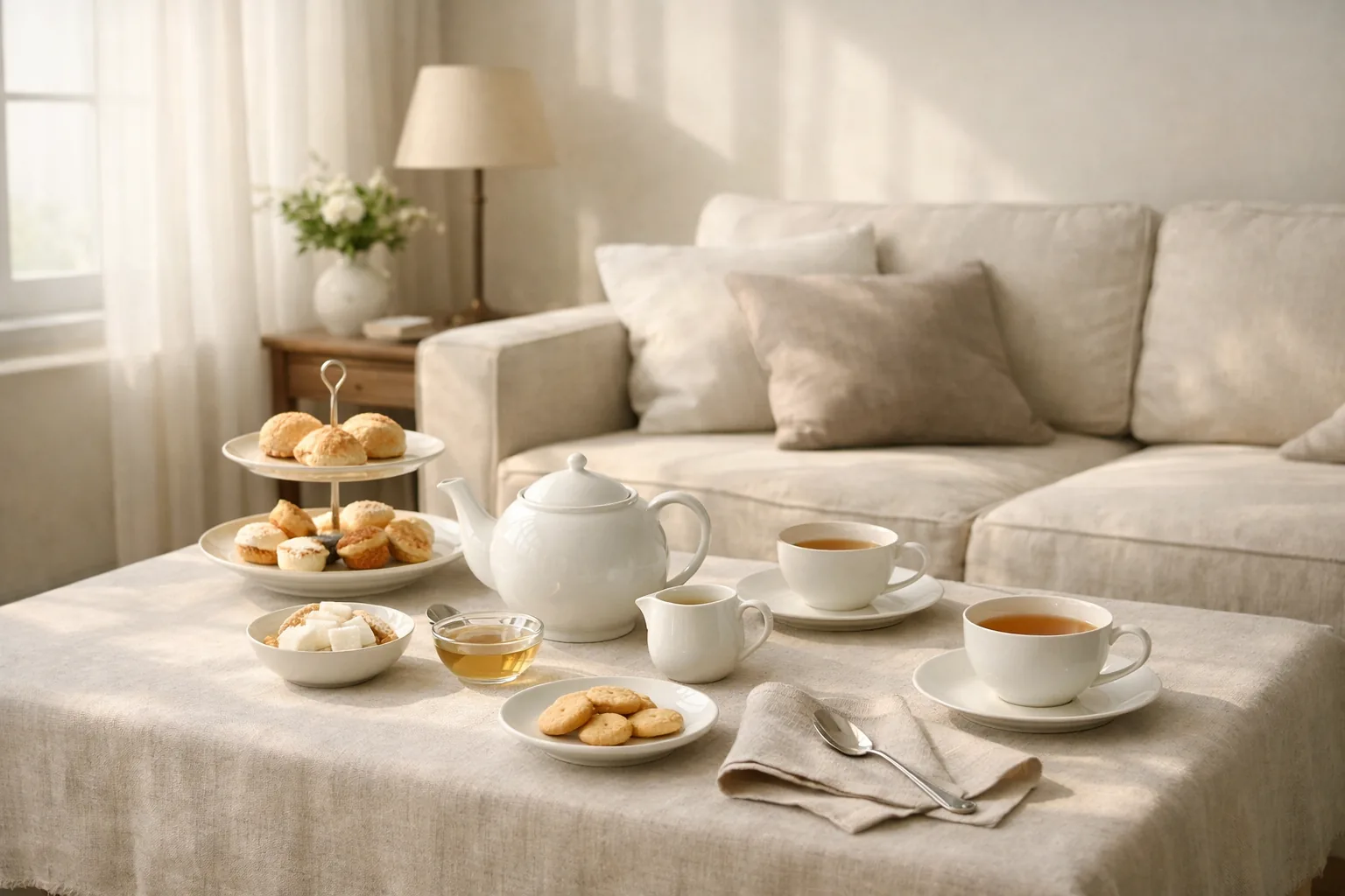 Sala acolhedora preparada para receber com chá, luz natural suave e mesa refinada