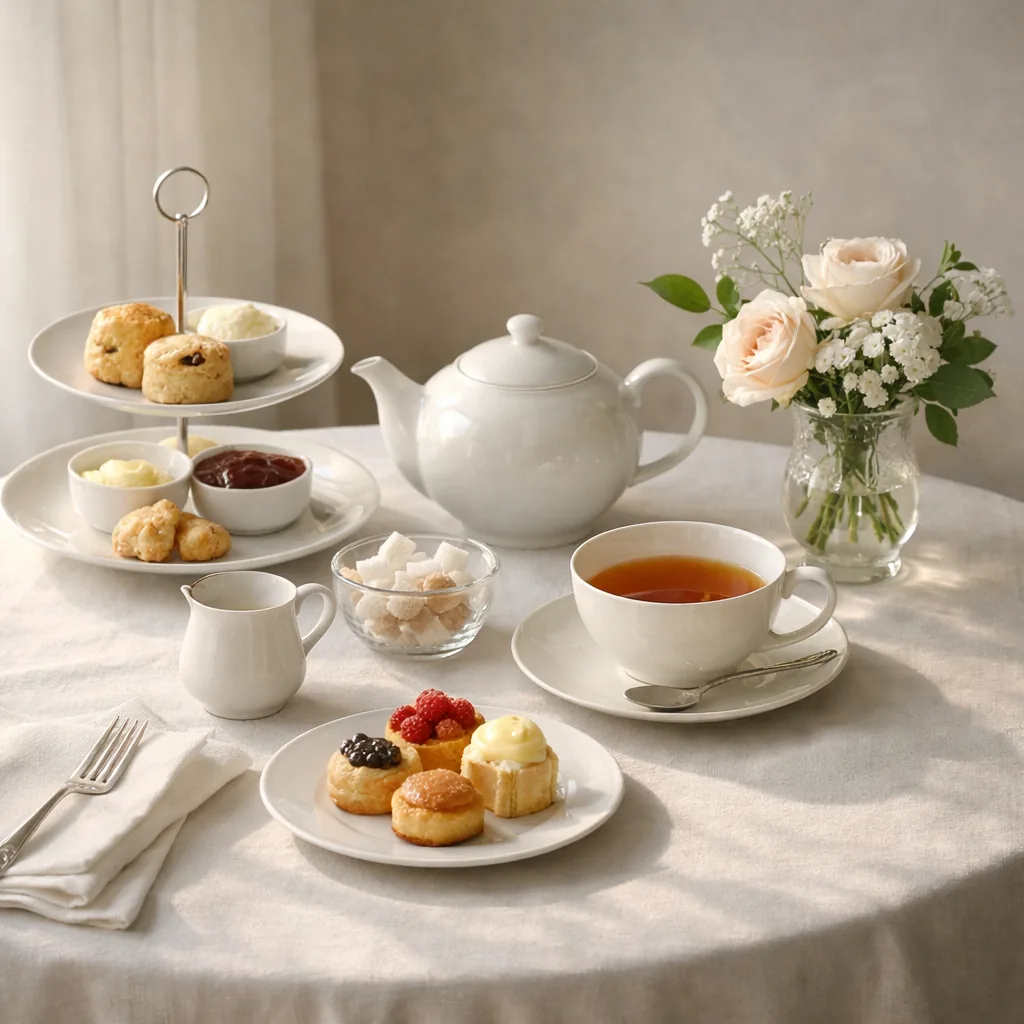 Mesa de té de la tarde con luz suave, lino y una composición delicada