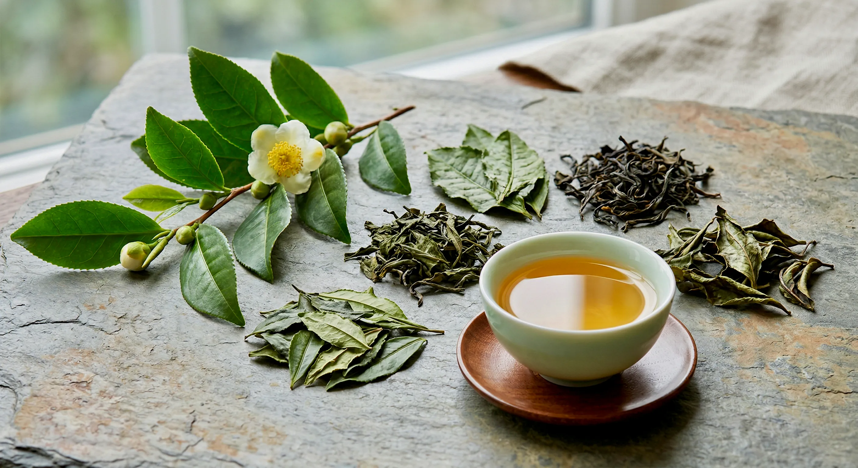 Hojas frescas y secas de té junto a una taza, destacando la complejidad natural de Camellia sinensis