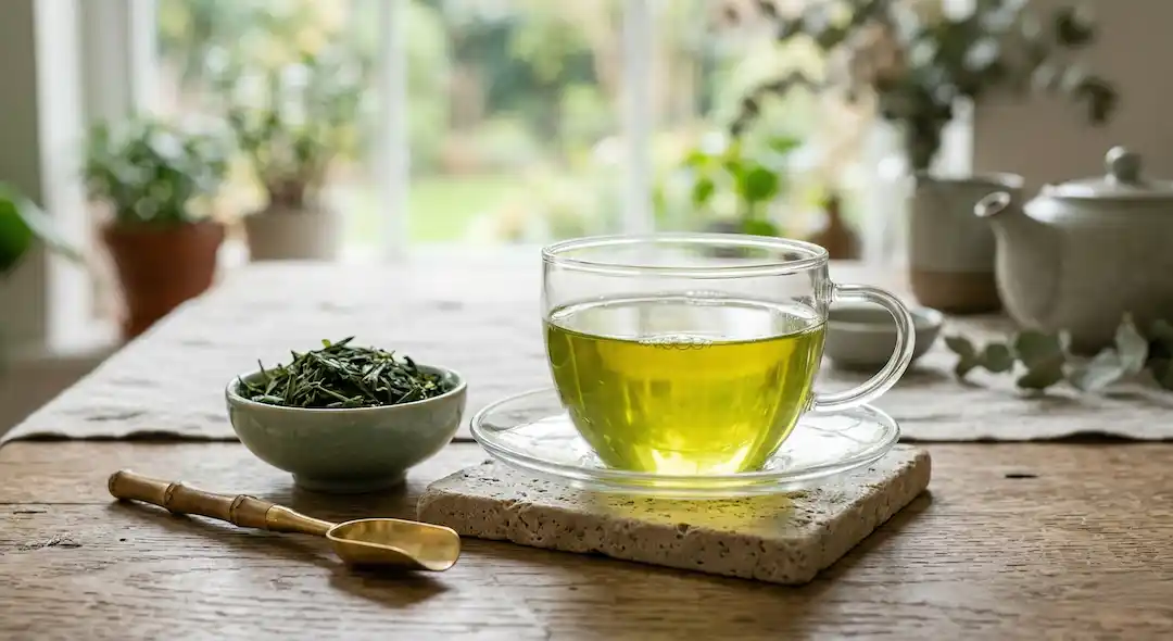 Té verde de color vibrante que indica preparación fresca y hoja bien preservada