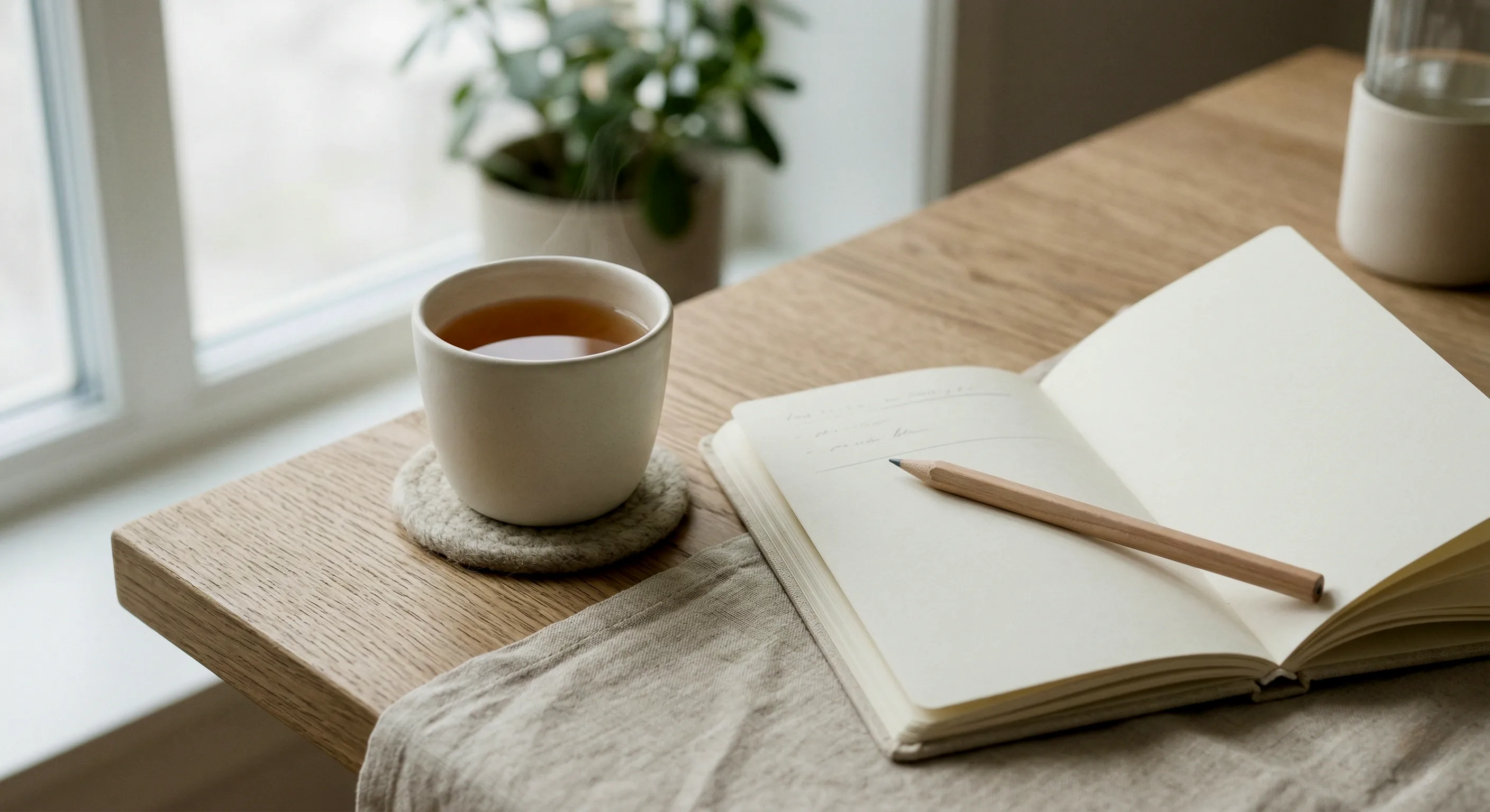 Taza de té al lado de un cuaderno abierto y un lápiz en una rutina tranquila de enfoque y bienestar