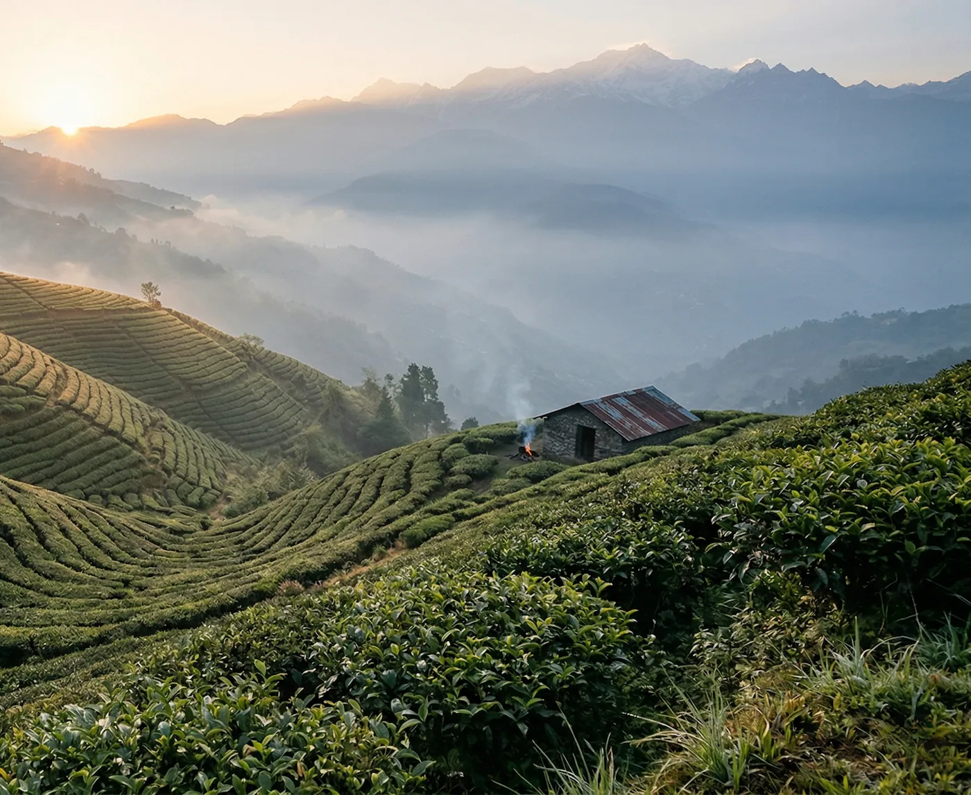 Jardins elevados de Darjeeling iluminados pela primeira luz da manhã