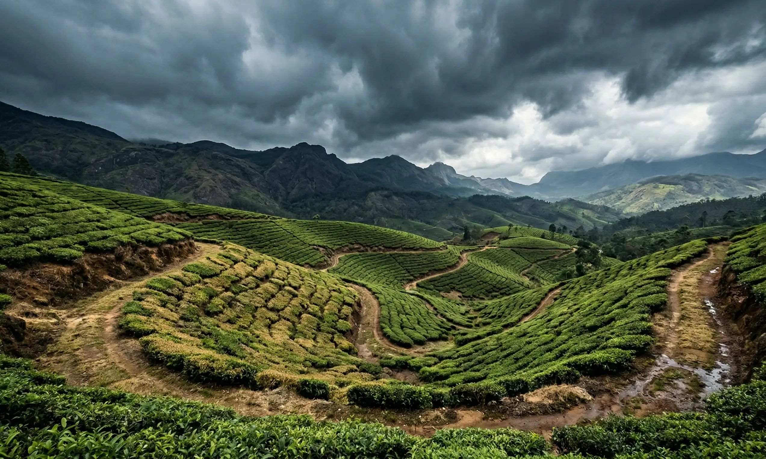 Plantação de chá sob céu dramático mostrando a vulnerabilidade climática do cultivo