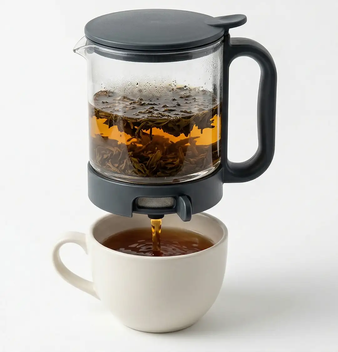 Gravity infuser releasing tea into a cup