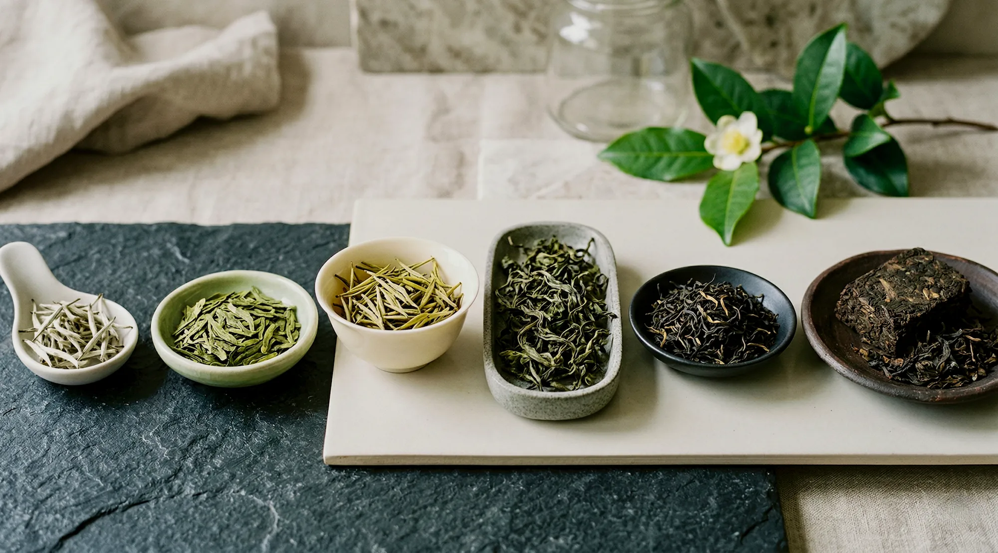 Visual spectrum of different tea families with light, green, dark, and compressed leaves arranged side by side