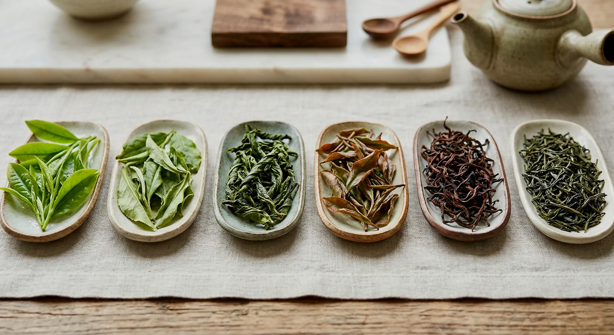 Tea leaves at different stages of processing arranged in sequence on small trays
