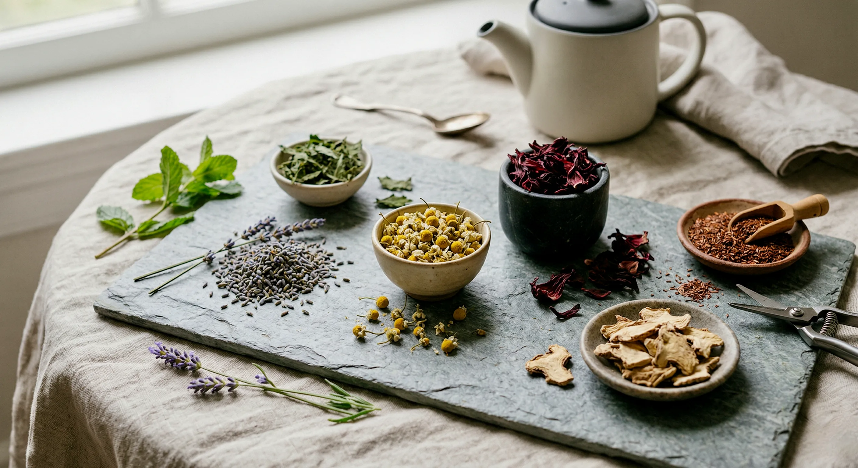 Tisane ingredients with flowers, herbs, roots, and leaves in an elegant composition on dark stone